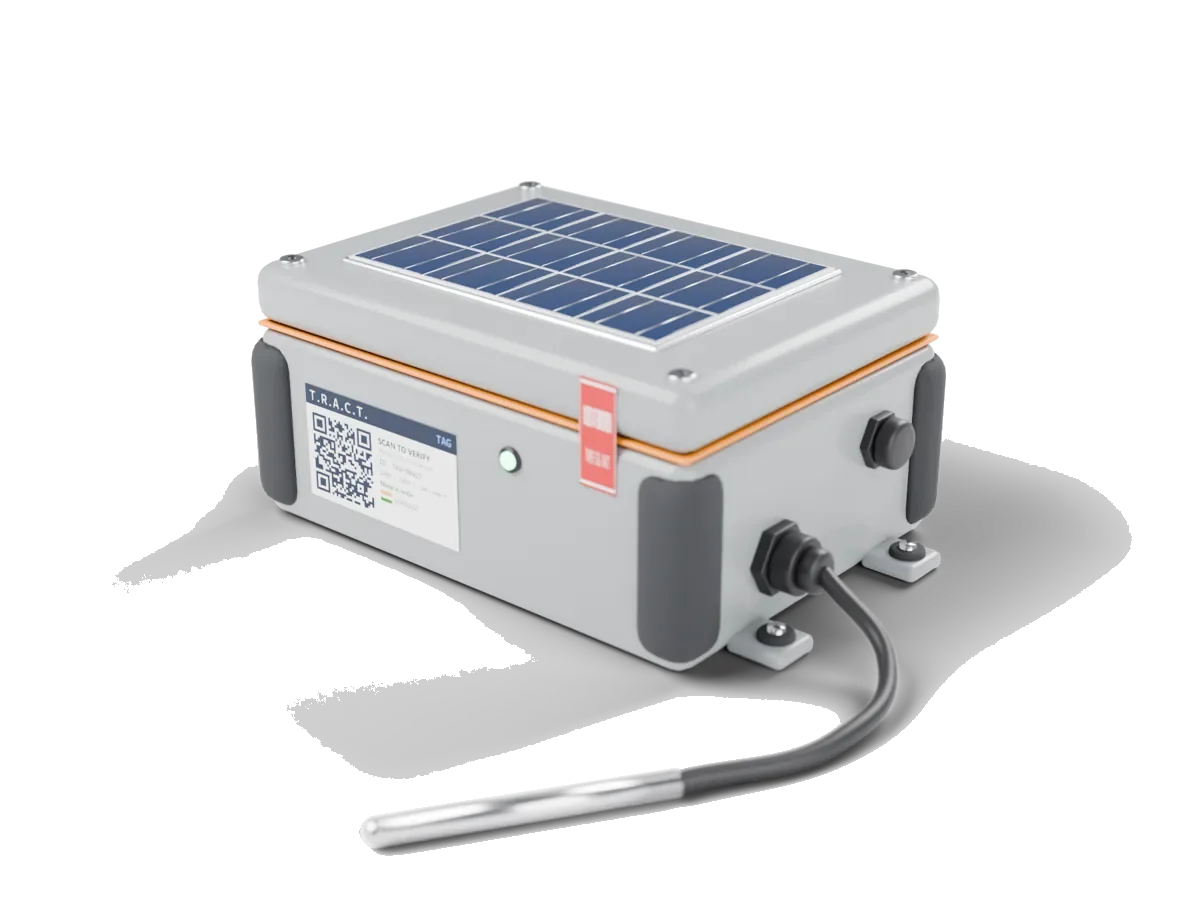 The T.R.A.C.T. Tag: a sealed polycarbonate box with a solar lid, a steel food probe and a QR label